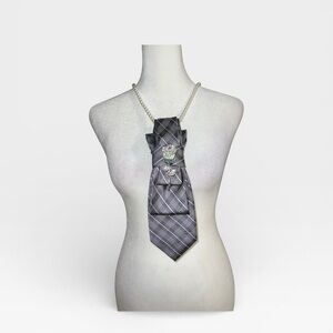 Dainty Dapper”Elegant Gray Plaid Tie necklace with silver rose brooch